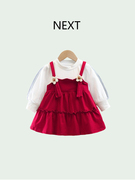 英国NEXT女童秋季长袖假两件连衣裙2023女宝宝韩版时髦洋气公主裙