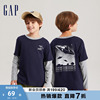 Gap男童春秋纯棉假两件长袖T恤儿童装洋气微弹运动休闲上衣736017