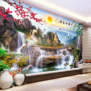 山水风景画中式自粘墙贴大型壁画客厅电视背景墙，画墙壁纸流水生财