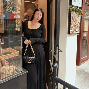 欧美风性感黑色长袖复古裙胖mm显瘦收腰连衣裙大方领气质高级感