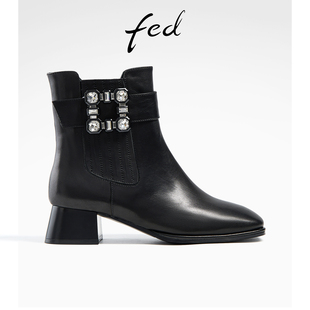 fed真皮小短靴冬季靴子水钻时装靴粗跟瘦瘦靴女款R1011-ZF071