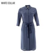 白领蓝白条仿麻方领双上兜暗门襟系带七分袖连衣裙OL-FANGM19-301