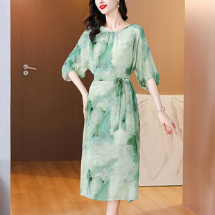 高级感真丝绿色水墨画连衣裙，桑蚕丝双绉气质，显瘦长裙法式裙子夏