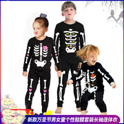 儿童万圣节夜光骷髅演出服，2-14岁宝宝发光骨架长袖，两件套家庭睡衣