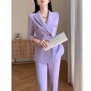 紫色休闲西装套装女春秋冬2023高级感职业正装小个子高端西服