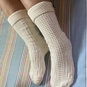 欧美外贸粗针袜子女复古条纹宽松袜厚款堆堆袜中长款有机棉大码