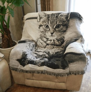 芝华仕沙发靠背巾美式复古风老虎猫咪图案，棉麻沙发垫挂毯沙发毯