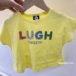 100夏款韩版童装女童黄色，皱皱棉短袖t恤宝宝，儿童可爱背心蝙蝠衫