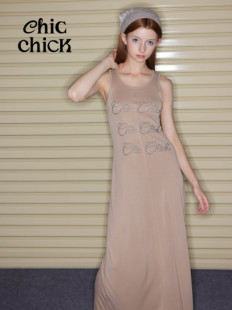 chicchick时髦小鸡vol17呼吸感卡其色，纯棉烫钻工字，背心露背长裙