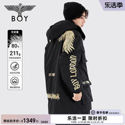 BOYLONDON冬季情侣款羽绒服烫金翅膀刺绣保暖连帽长款外套N26003