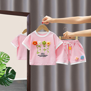 女童夏季短袖运动套装儿童2023网红洋气宝宝夏装女童花朵衣服