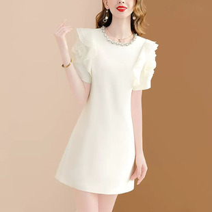 大牌白色高级感小个子，连衣裙女夏季2023荷叶，边钉珠气质裙子