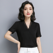 短袖V领雪纺白衬衫女夏韩版时尚气质轻薄商务衬衣小众设计感上衣