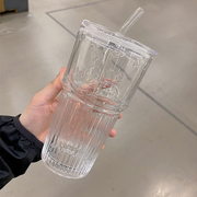 玻璃吸管杯带盖玻璃杯夏季高颜值创意大容量喝水杯冷饮果汁杯女生