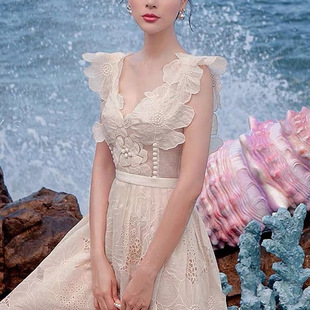 越南小众设计师宫廷欧根纱花朵蕾丝刺绣连衣裙仙女裙名媛气质礼服