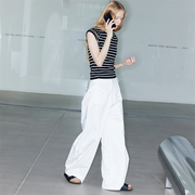 EMTEXTURE 纯棉精纺斜纹工字对褶原创设计自然腰灰绿色白色休闲裤