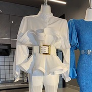 时尚气质长袖白色衬衫女2023年高级设计感小众收腰灯笼袖上衣