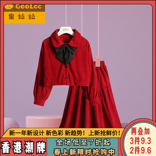 儿童红色套裙2023秋冬亲子装拜年服女童灯芯绒上衣裙子两件套