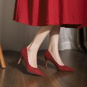 红色婚鞋高跟鞋女2024年春季蕾丝刺绣，高级感中式秀禾新娘鞋