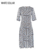 白领女装 蓝灰几何圆领上身压皱短袖中长连衣裙 OL-HUAX19-307-1