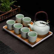 汝窑茶具套装提梁壶家用中式整套大号陶瓷茶壶，现代简约喝茶杯茶盘