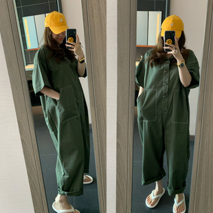 韩国2024春夏秋季女装个性工装宽松军绿色连体衣裤