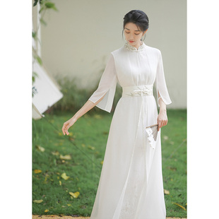 初蝉原创中式设计感高端国风女装夏季白色，禅意雪纺飘逸气质连衣裙