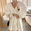 韩国chic春季法式气质v领拼接蕾丝荷叶边设计收腰显瘦长袖连衣裙