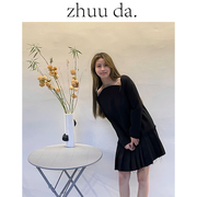 zhuuda设计师品牌黑色，时尚显瘦圆弧长袖，百褶连衣裙女