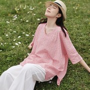 夏新款亚麻上衣文艺清新复古碎花宽松T恤女休闲五分袖棉麻小衬衫