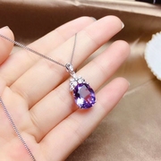 天然紫水晶吊坠纯银镶嵌宝石挂件小清新饰品生日礼物原石项链首饰