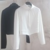 春秋外套拉链短款立领，白色上衣设计感洋气显瘦时尚，春秋衫黑色长袖