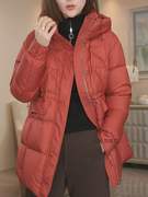 红色棉衣棉服女冬装，2024高端大牌中长款连帽加厚保暖大衣外套