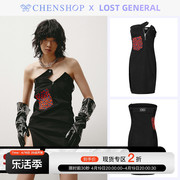 CHENSHOP设计师品牌LOST GENERAL时尚红豹纹拼接黑色抹胸裙