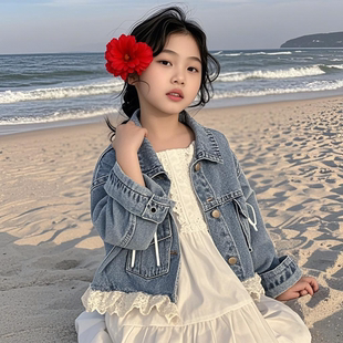 新款洋气韩版女童蕾丝花边拼接蝴蝶结翻领牛仔外套