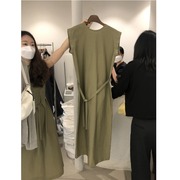 韩国东大门2024夏季纯色系带收腰显瘦减龄气质无袖连衣裙女潮