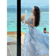 巴厘岛海边旅行拍照穿搭度假沙滩长裙仙女蓝色晕染镶钻吊带连衣裙