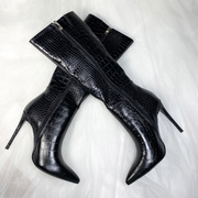 冬季黑色牛皮鳄鱼纹高跟靴 咖啡色中筒靴 真皮加绒冬靴 女靴