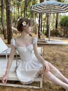 acaine莫利纳少女中长款白色收腰方领a字连衣裙，女夏季气质裙子