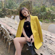 王玖玖气质柠檬黄缎面西装亮色双排扣设计感高级炸街西装外套女