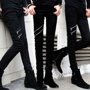 2020秋冬季韩版潮男黑色拉链修身牛仔裤，弹力铅笔小脚长裤