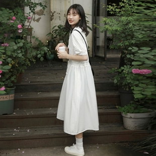 茉语家2023夏季白色娃娃领连衣裙，收腰显瘦法式裙子女初恋裙