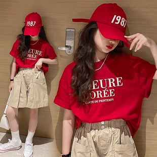 女童短袖T恤夏季韩版洋气女大童红色字母打底衫儿童纯棉上衣