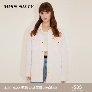 Miss Sixty2023冬季棉服外套女浅粉色菱格宽松中长夹棉衬衫式