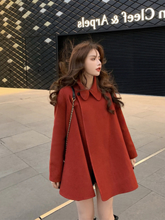 复古红色斗篷双面羊绒，大衣女短款小个子，a字秋冬羊毛呢子西装外套