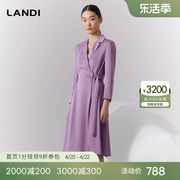 LANDI蓝地紫罗兰色西装领系带收腰连衣裙女通勤九分袖裙子春