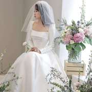 缎面长袖婚纱2021新娘气质，法式简约一字，肩孕妇婚纱遮孕肚绸面