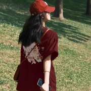 酒红色短袖t恤女夏季小个子上衣2024宽松纯棉，正肩半袖女装ins