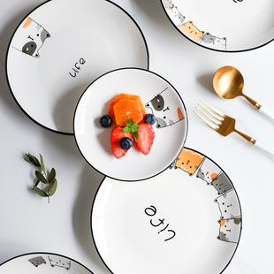 北欧猫咪盘子菜盘深盘家用陶瓷创意套装，组合网红可爱碟子浅平餐盘