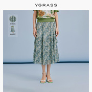 VGRASS夏日花园油画压褶半身裙夏季时尚蛋糕裙VSB2O23000